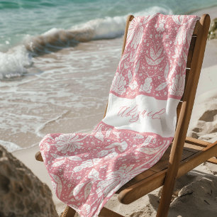 Pink Floral Personalized William Morris Style Beach Towel