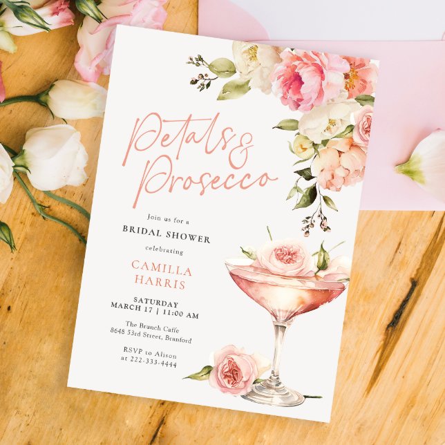 Pink Floral Petals and Prosecco Bridal Shower Invitation (Creator Uploaded)