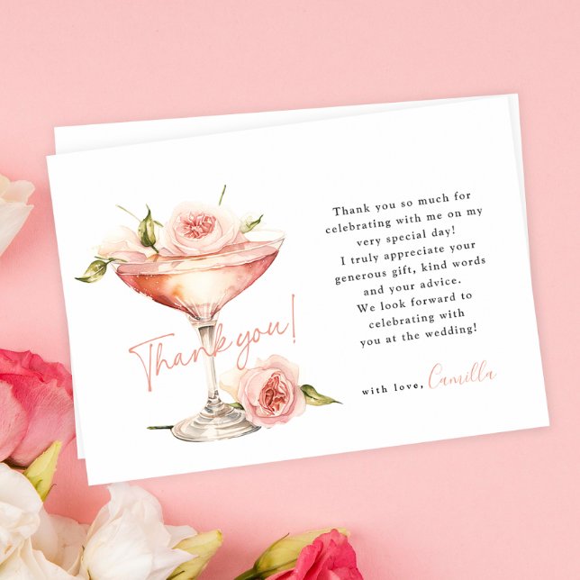 Pink Floral Petals and Prosecco Bridal Shower Thank You Card (Creator Uploaded)