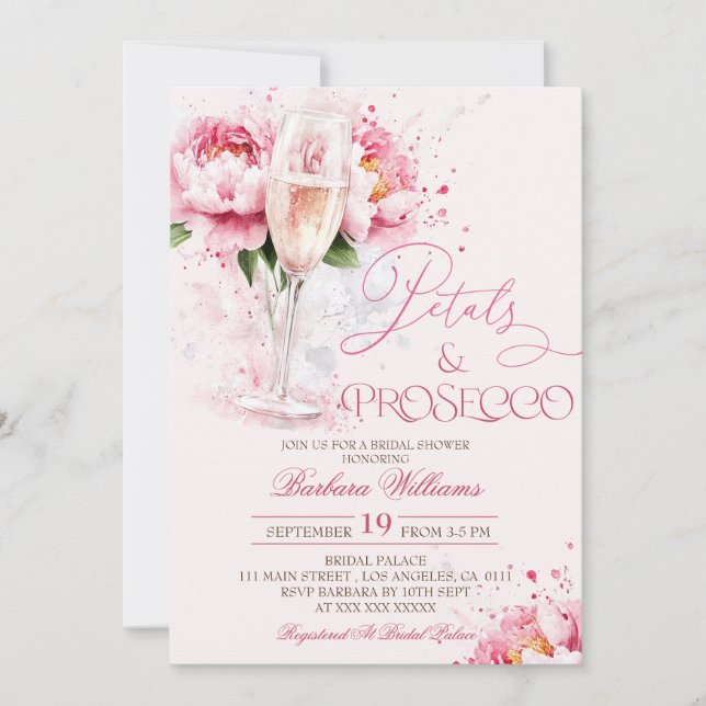 Pink Floral Petals & Prosecco Bridal Shower Invitation (Front)