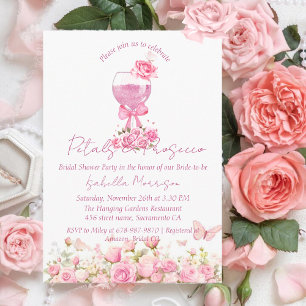 Pink Floral Petals & Prosecco Bridal Shower Invitation