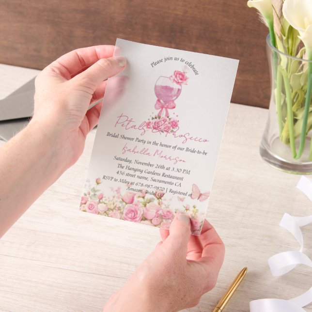 Pink Floral Petals & Prosecco Bridal Shower Vellum Invitations (Handheld)