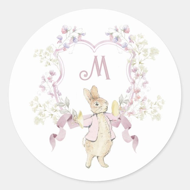 Pink Floral Peter the Rabbit Monogram Baby Shower Classic Round Sticker (Front)