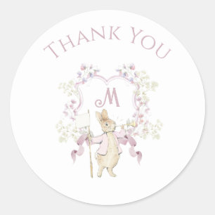 Pink Floral Peter the Rabbit Monogram Baby Shower Classic Round Sticker