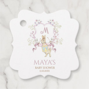 Pink Floral Peter the Rabbit Monogram Baby Shower Favour Tags