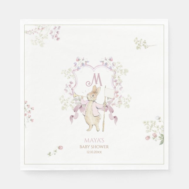 Pink Floral Peter the Rabbit Monogram Baby Shower Napkin (Front)