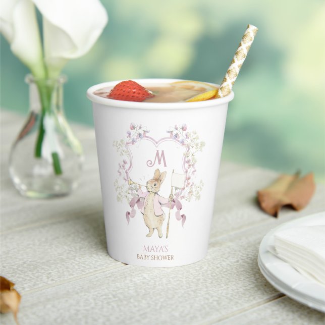 Pink Floral Peter the Rabbit Monogram Baby Shower Paper Cups (Insitu)