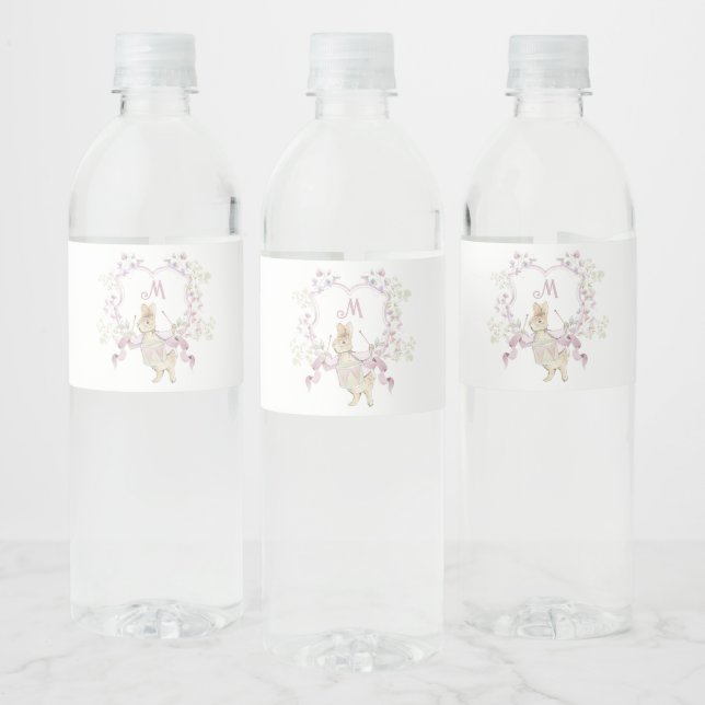 Pink Floral Peter the Rabbit Monogram Baby Shower Water Bottle Label (Bottles)