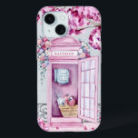 Pink Floral Phone Booth Personalised  iPhone 15 Case<br><div class="desc">This beautiful phone case features a pink phone booth adorned in flowers with a nearby tree dropping pink blossoms on the ground. You can personalise with your name.</div>