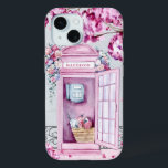 Pink Floral Phone Booth Personalised  iPhone 15 Case<br><div class="desc">This beautiful phone case features a pink phone booth adorned in flowers with a nearby tree dropping pink blossoms on the ground. You can personalise with your name.</div>