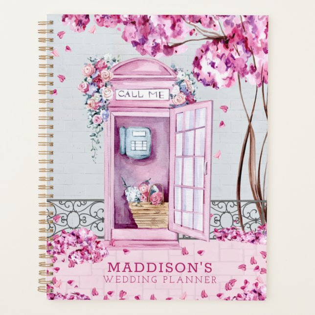 Pink Floral Phone Booth Personalised Wedding Planner (Front)