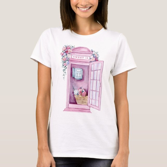 Pink Floral Phone Booth | Sweet 16  T-Shirt (Front)