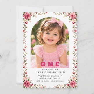 Pink Floral Photo 1st Birthday Girl Invitation