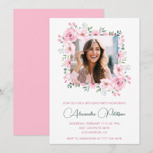 Pink Floral Photo 37th birthday invitations 