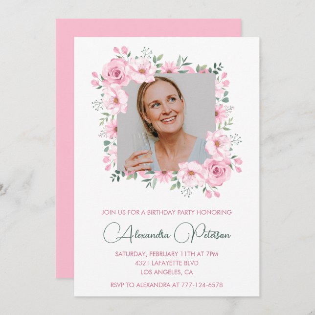 Pink Floral Photo 56th birthday invitations  (Front/Back)