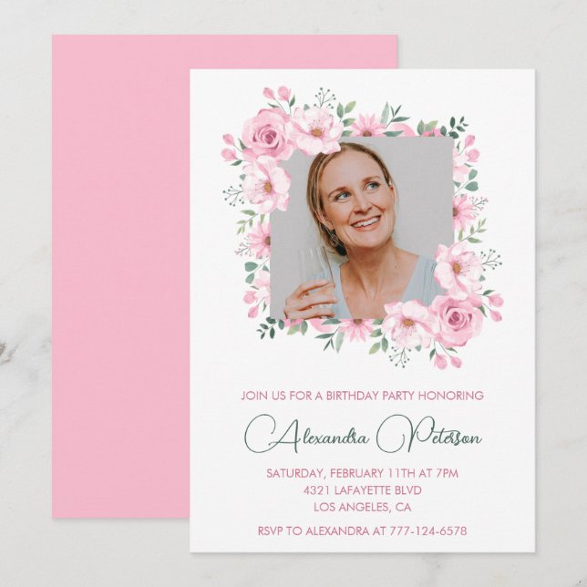Pink Floral Photo 68th birthday invitations  (Front/Back)