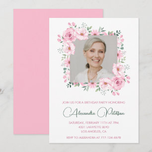 Pink Floral Photo 72nd birthday invitations
