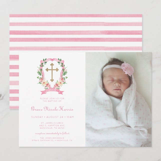 Pink Floral Photo Baptism Invitation (Front/Back)