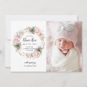 Pink Floral Photo Birth Announcement