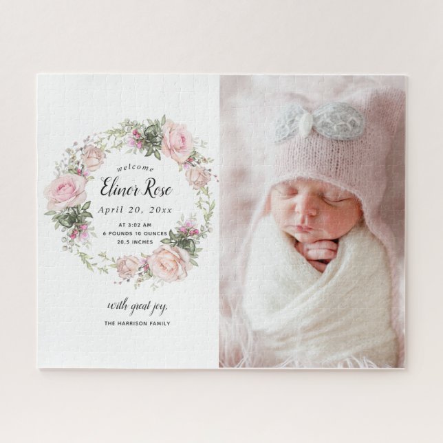 Pink Floral Photo Birth Announcement Jigsaw Puzzle (Horizontal)