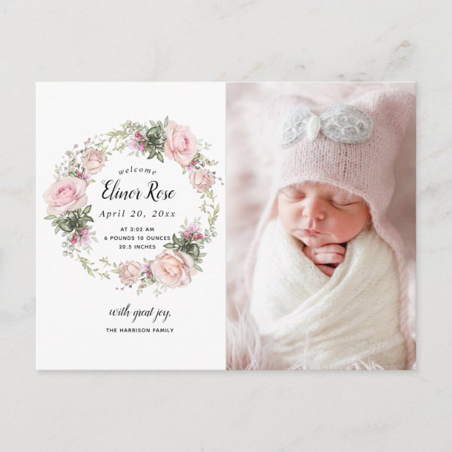 Pink Floral Photo Birth Announcement Postcard (Front)
