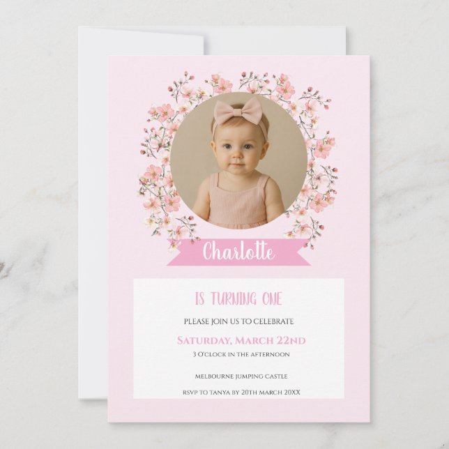 Pink Floral Photo Birthday Invitation for Girl (Front)
