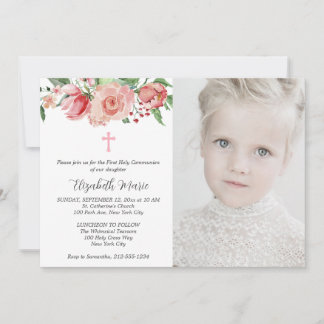 Pink Floral & Photo First Communion for Girls Invitation