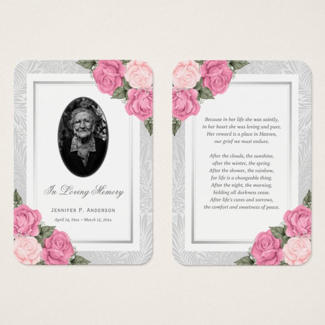 Pink Floral Photo Funeral Memorial Prayer Card (Front & Back)