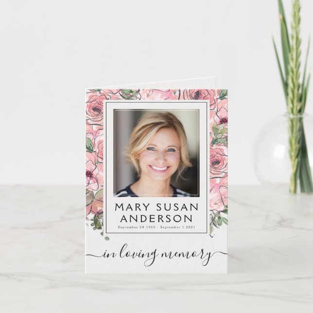 Pink Floral Photo Funeral Memorial Thank You Note (Front)