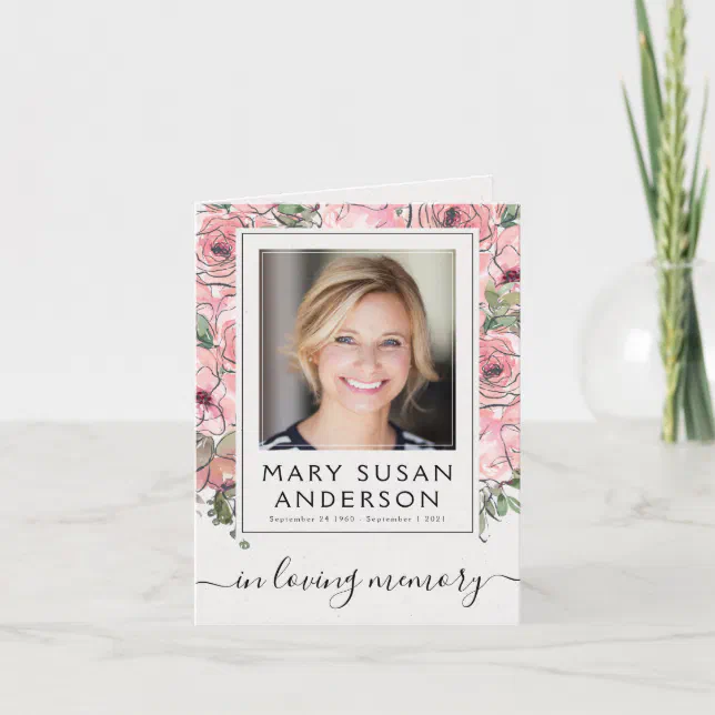 Pink Floral Photo Funeral Memorial Thank You Note | Zazzle