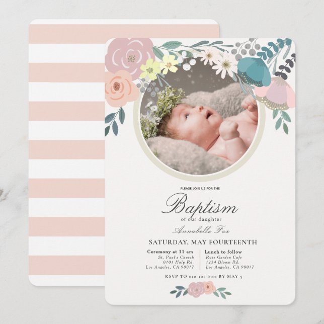 Pink Floral Photo Girl Baptism Invitation (Front/Back)