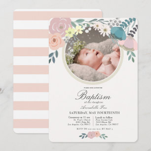 Pink Floral Photo Girl Baptism Invitation