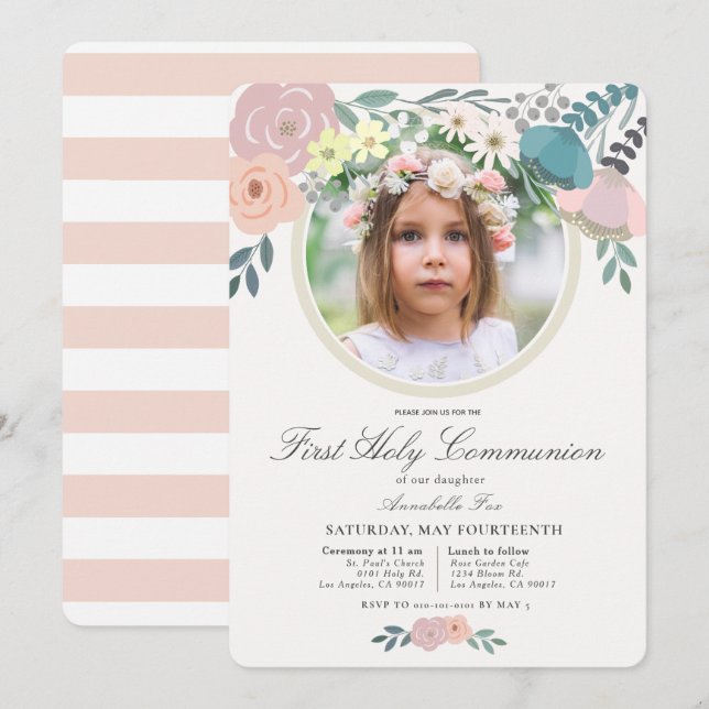 Pink Floral Photo Girl First Holy Communion Invitation (Front/Back)