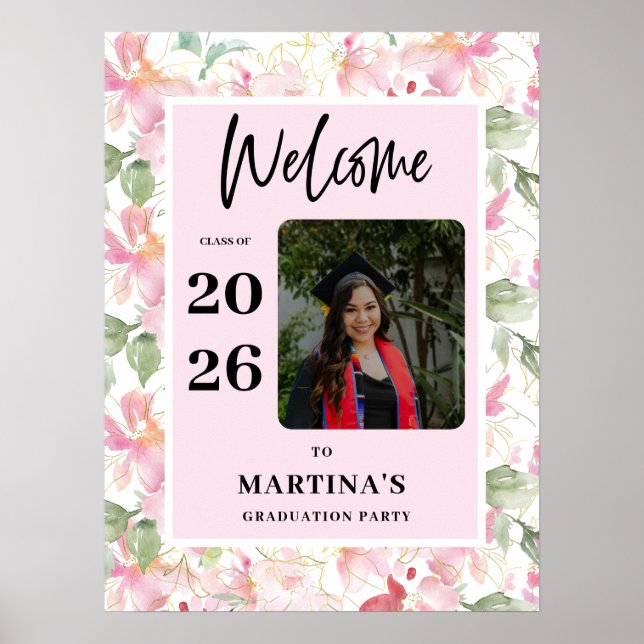 Pink Floral Photo Graduation Party Welcome Sign (Front)