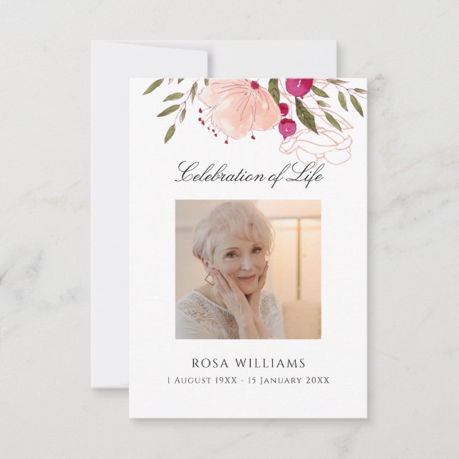 Pink Floral Photo Memorial Funeral Prayer Card (Front)