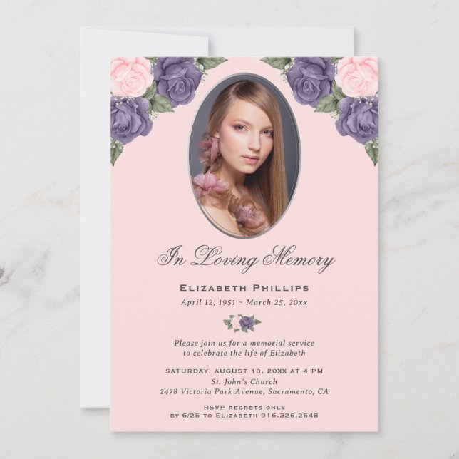 Pink Floral Photo Memorial Service Invitation (Front)