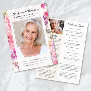 Pink Floral Photo Memorial Service Program Invitation