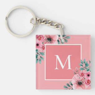Pink   Floral Photo Monogram Key Ring