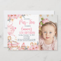 Pink Floral Photo Par-tea Birthday Invitation