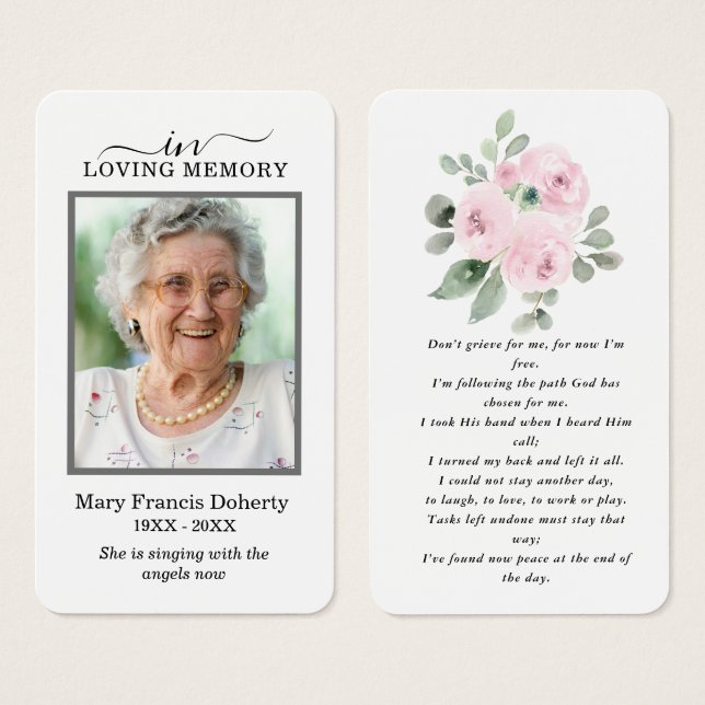 Pink Floral Photo Sympathy Funeral Prayer Card (Front & Back)