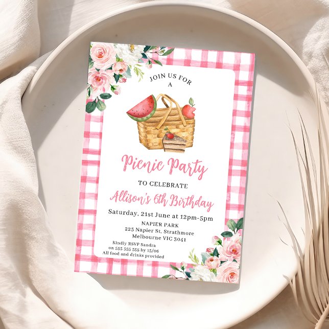 Pink Floral Picnic Basket Picnic Birthday Invitation (Boho Pink Floral Picnic Birthday Invitation, Pink Gingham Picnic Party Birthday Invite, Basket)