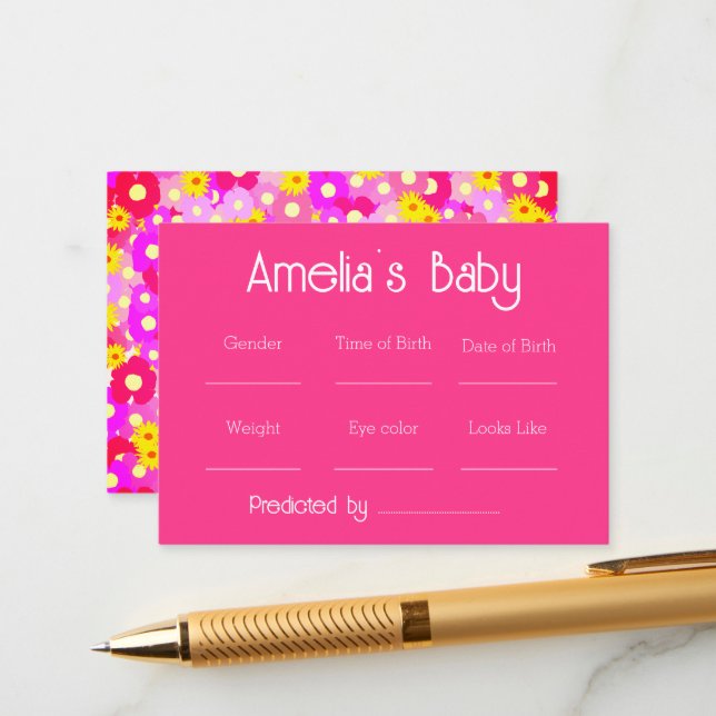 Pink Floral Pink Baby Predictions Game  Enclosure Card (Front/Back In Situ)