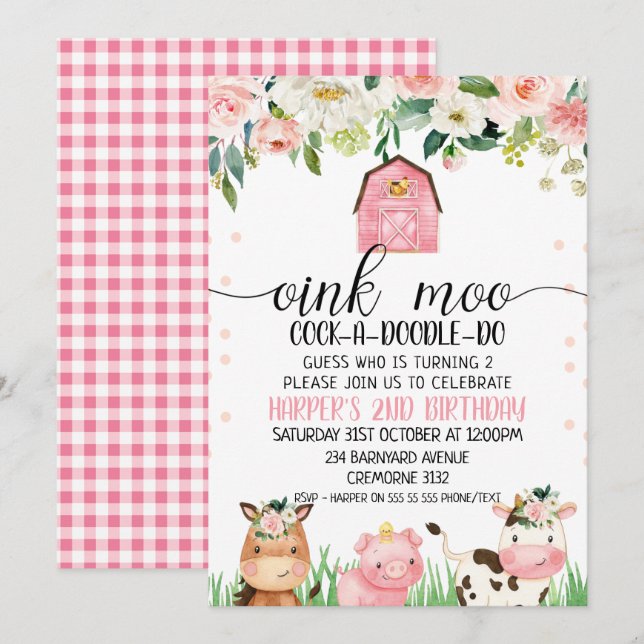 Pink Floral Plaid Farm Animal Birthday Invitation (Front/Back)