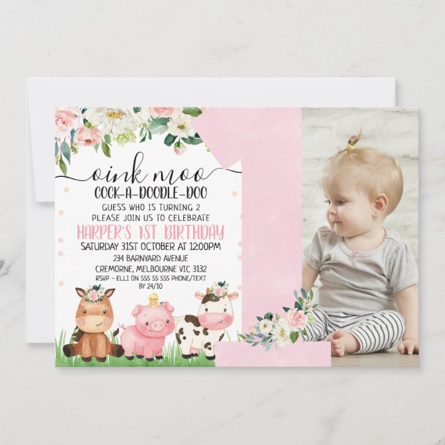 Pink Floral Plaid Farm Photo 1st Birthday Invitation (Front)