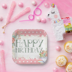 Pink Floral Polka Dot Birthday Square Party Plates