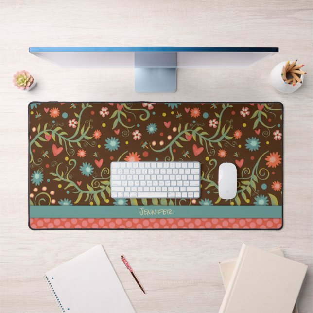 Pink Floral Polka Dot Pattern Boho Name Quote Desk Mat (Office 1)