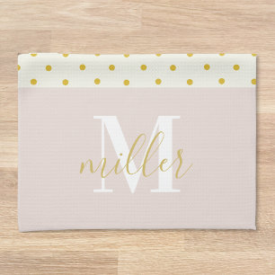 Pink Floral Polka Dots Family Name Monogram Tea Towel
