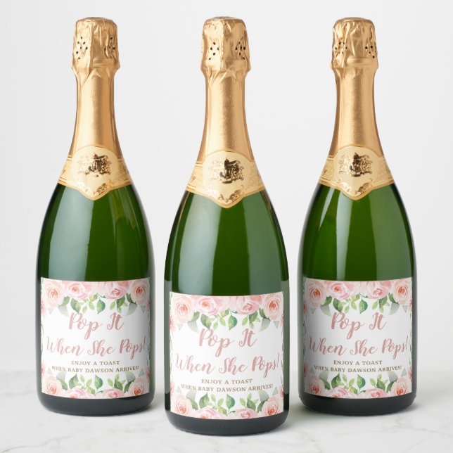 Pink Floral Pop It When She Pops Girl Baby Shower Sparkling Wine Label (Bottles)