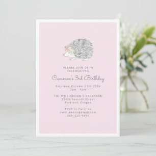Pink Floral Porcupine Cute 3rd Birthday Party Invitation