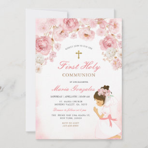 Pink Floral Praying Girl Illustration Gold Cross Invitation